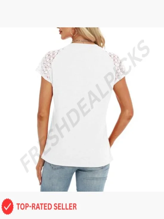 Lace Short Sleeve Tee Elegant Casual Chic Summer Blouse Trendy Basic Top - Picture 4 of 5